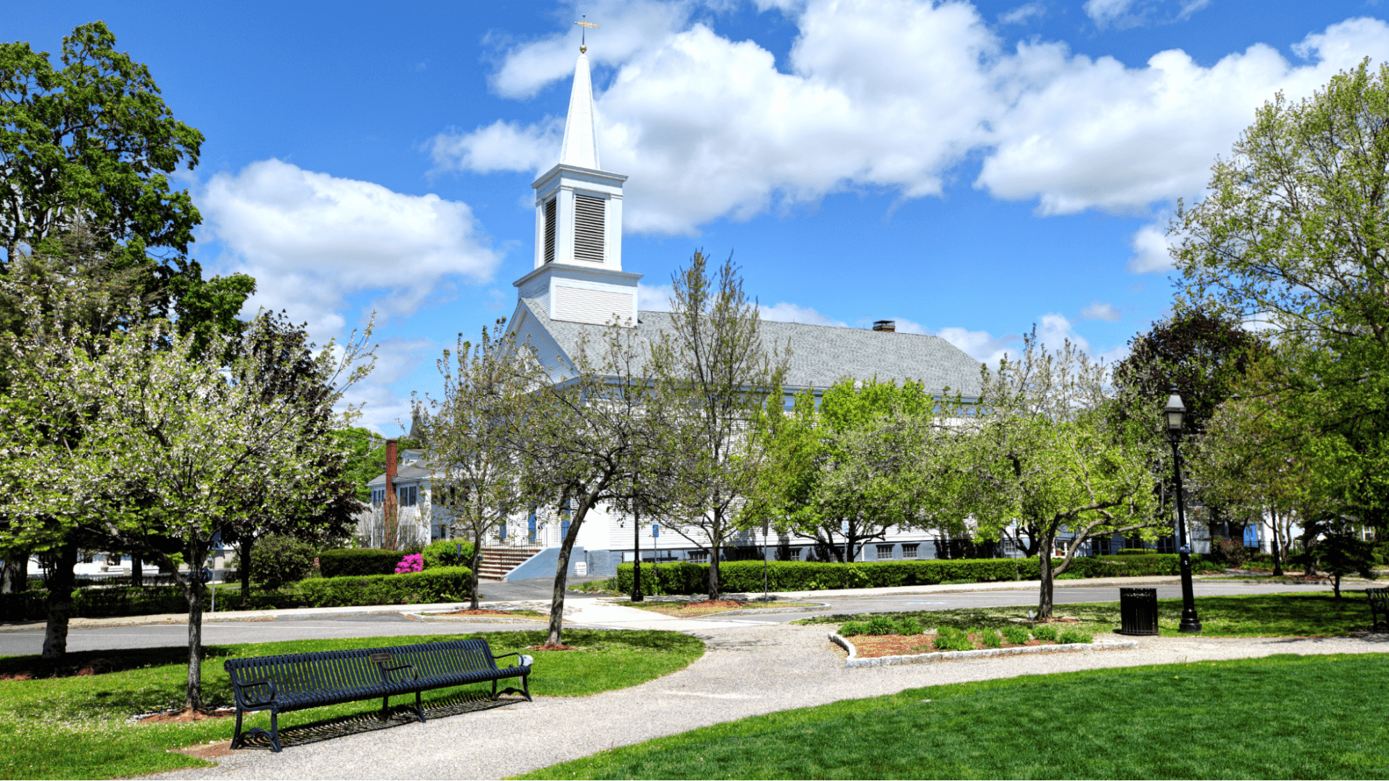 Church surrounded by blooming trees.