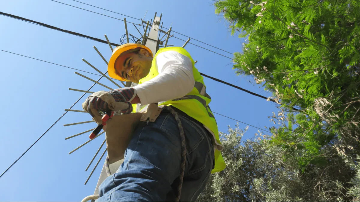 Power-Up-Your-Knowledge Worker climbing utility pole outdoors.